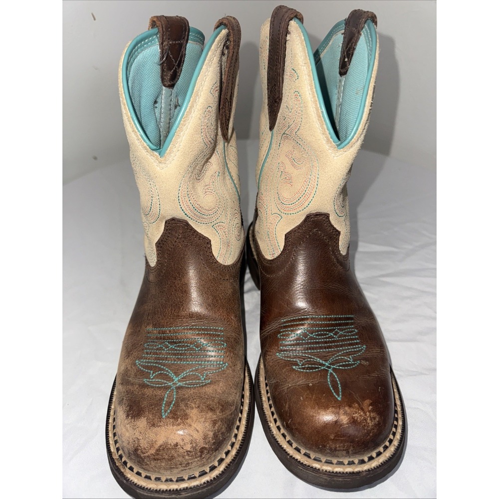 Ariat Fatbaby Womens 7B Heritage Dapper Brown Leather Western Boot Teal Stitched